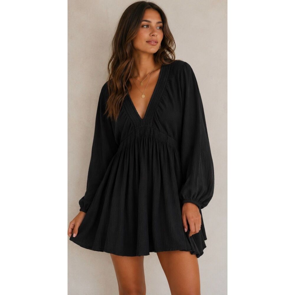 Free People For The Moment Black Balloon Sleeve Boho Mini Dress XS
